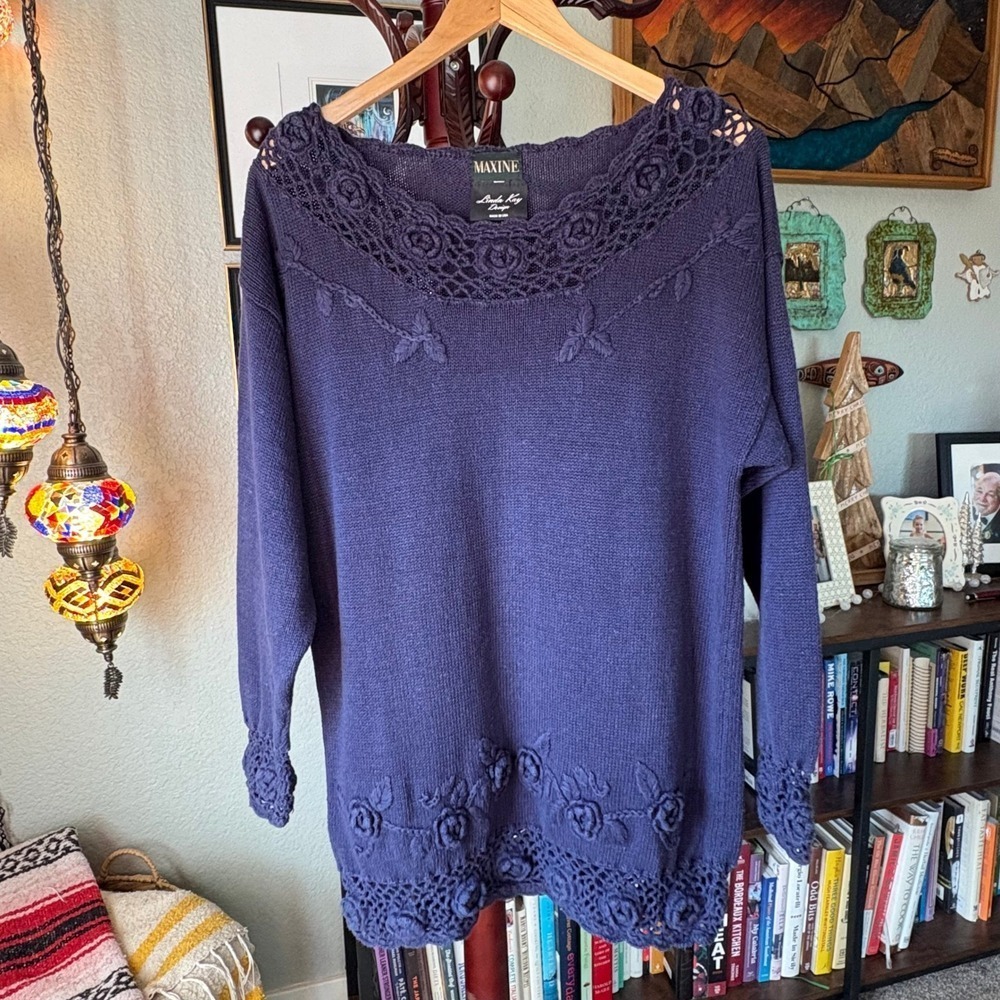 Vintage Maxine Linda Kay Ramie Cotton Knit Sweater Crochet Floral -‎ Large